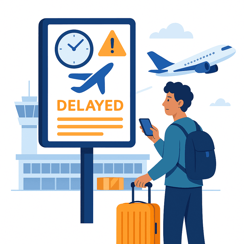 Traveler checking flight delay status on phone